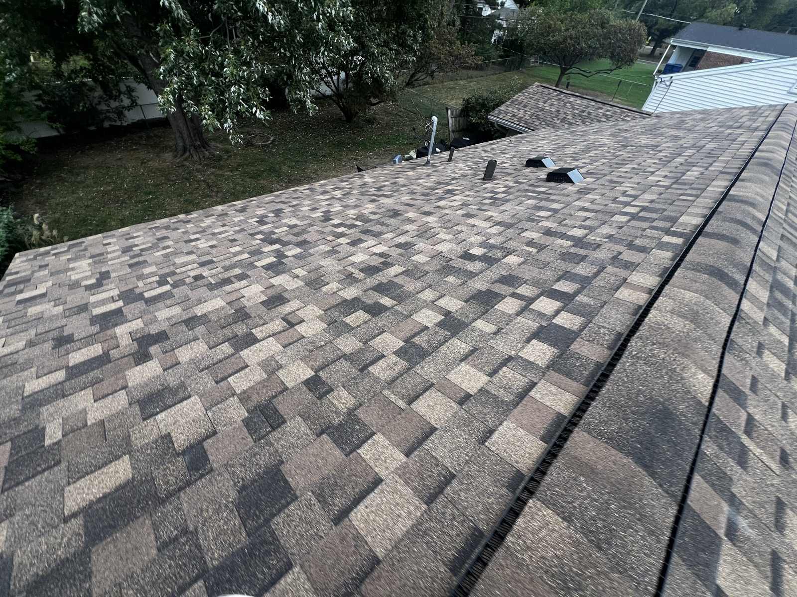 Broad expanse of newly laid brown, tan and charcoal multi tone architectural shingles with a capped ridge and dark ridge vent along the right, two black box vents and a metal flue near the far end, and a back yard with a large tree, a chain link fence and neighbouring roofs below